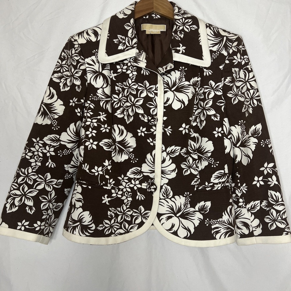 Michael Kors Women's Blazer Jacket Size 10‎ brown white floral Hibiscus Tropical